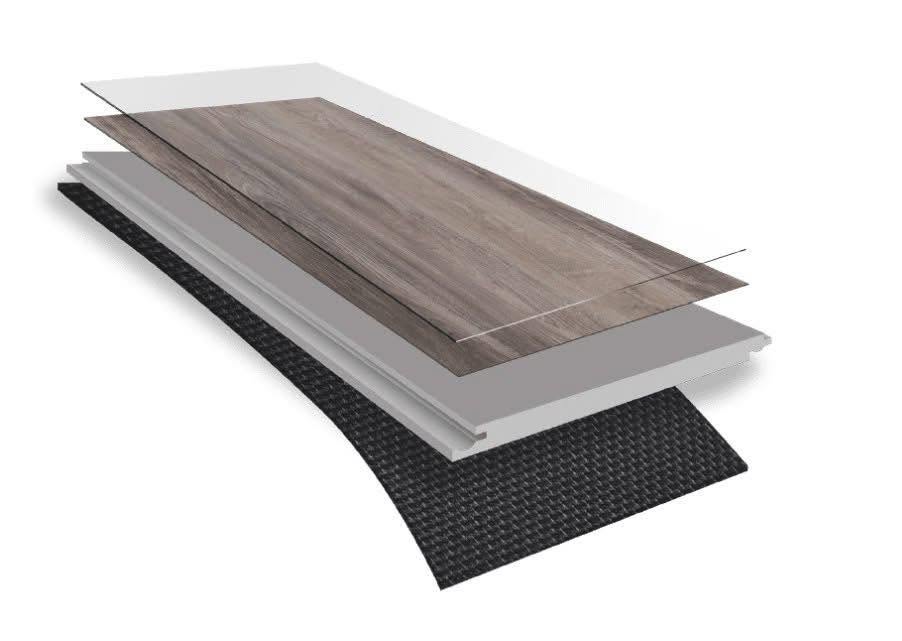 Gelaagde opbouw van een SPC-tegel met beschermlaag, decorlaag, rigid-core en onderlaag